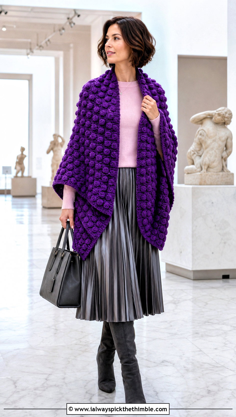 Bobble Stitch Crochet Blanket Shawl With Pleated Skirt - 20 crochet blanket shawl outfit ideas
