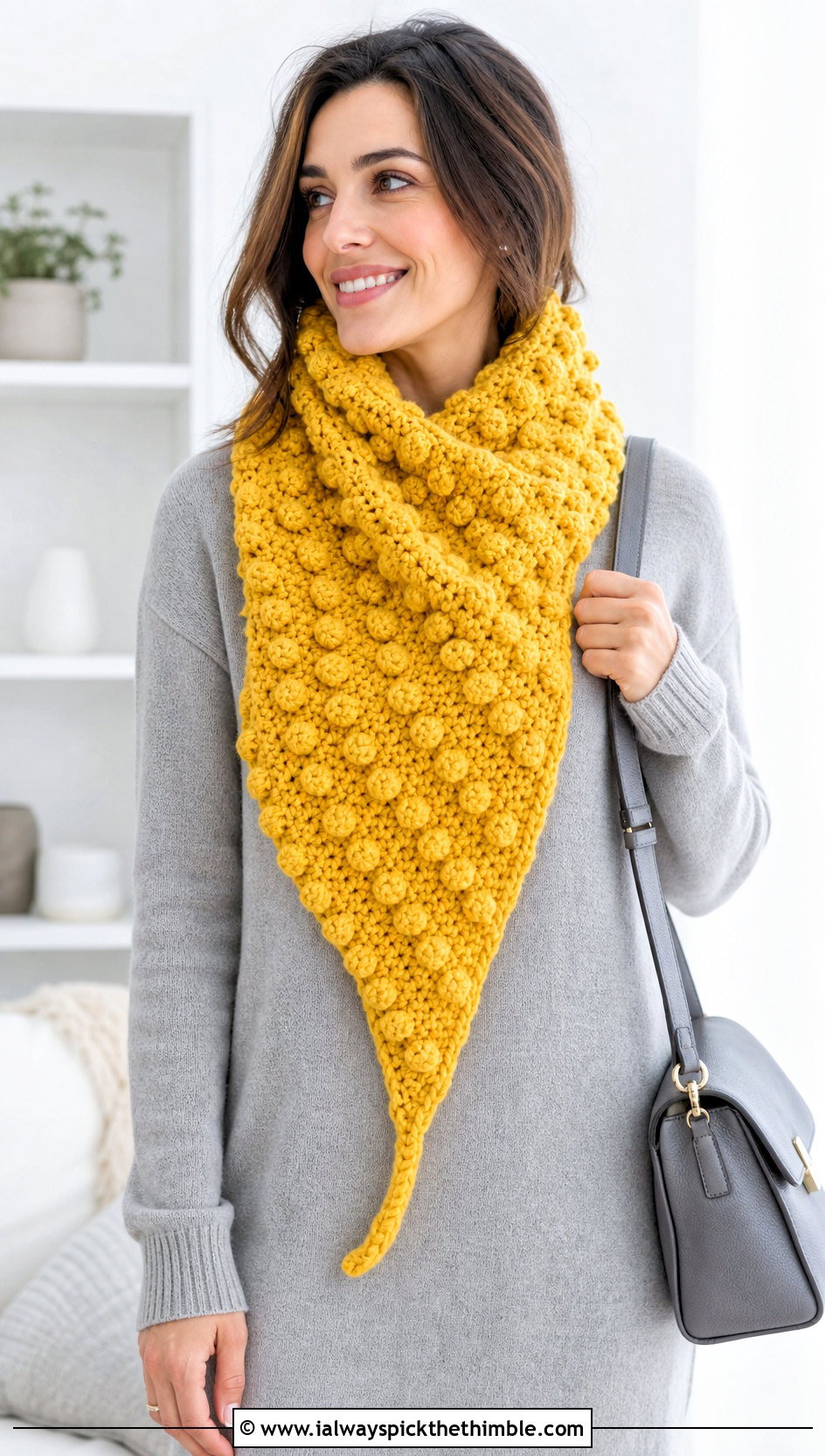 Bobble Stitch Crochet Boomerang Scarf With Sweater Dress - 15 Crochet Boomerang Scarf outfit ideas