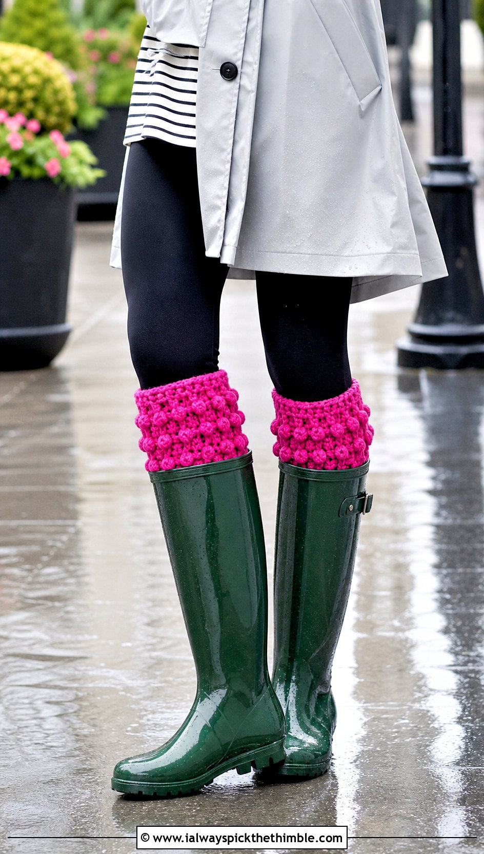 Bobble Stitch Crochet Boot Cuffs With Rain Boots - 25 crochet boot cuffs outfit ideas