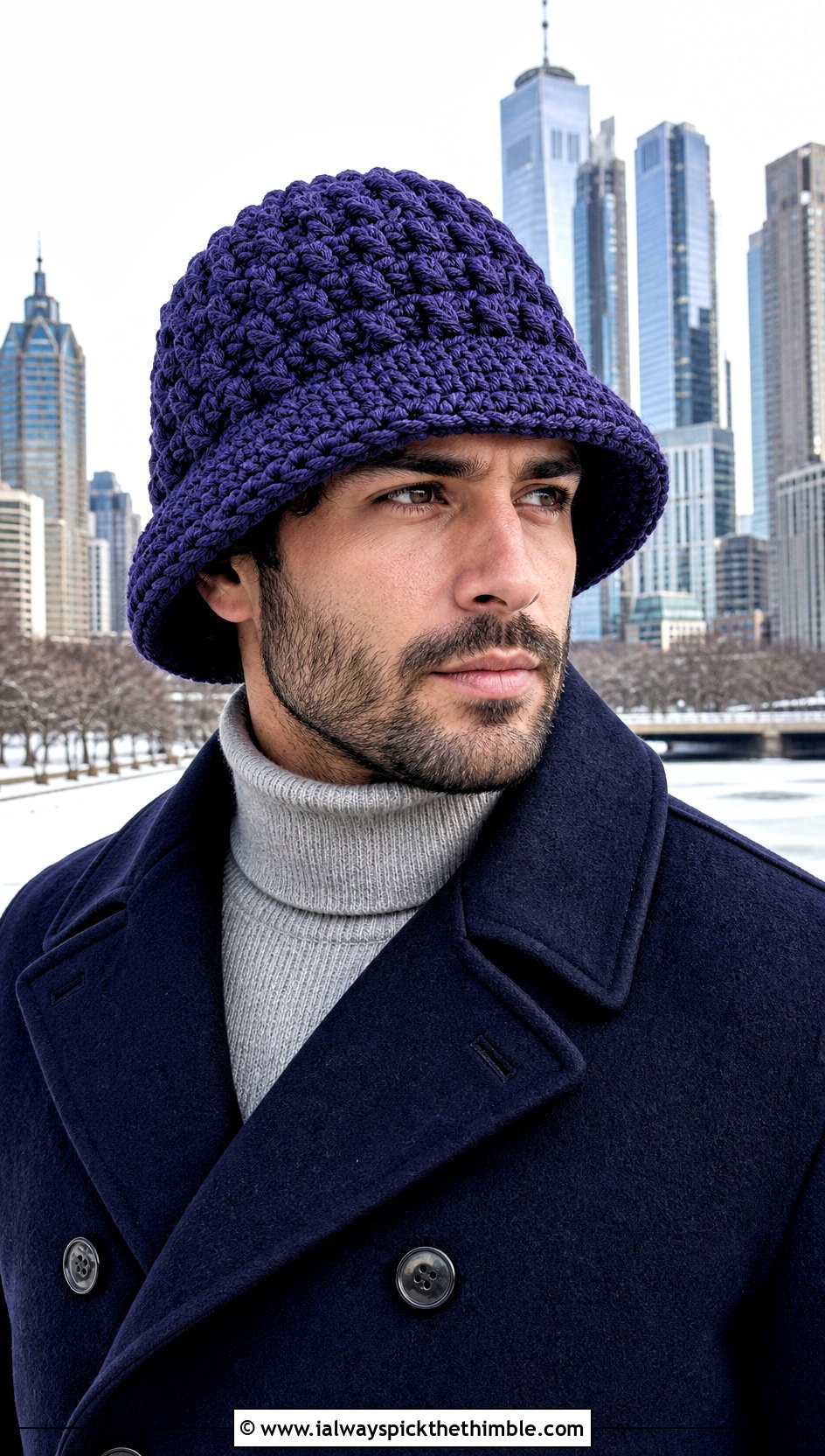 Bobble Stitch Crochet Bucket Hat With Peacoat And Wool Trousers - 25 men crochet bucket hat outfit ideas