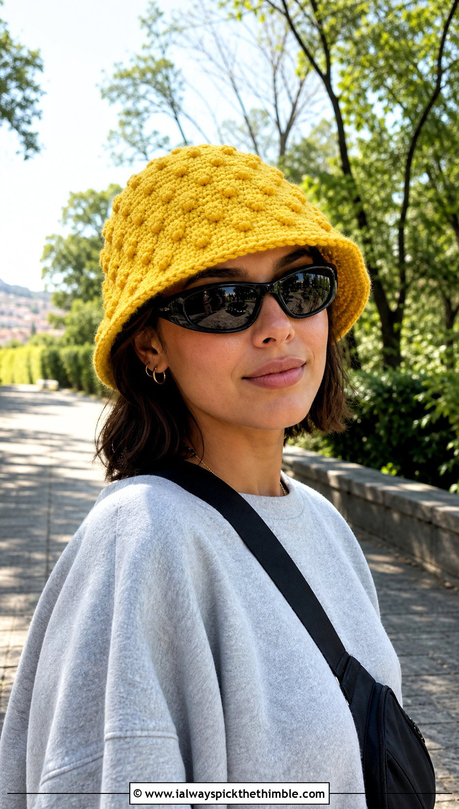 Bobble Stitch Crochet Bucket Hat With Sweatshirt And Bike Shorts - 20 Easy Crochet Bucket Hats outfit ideas