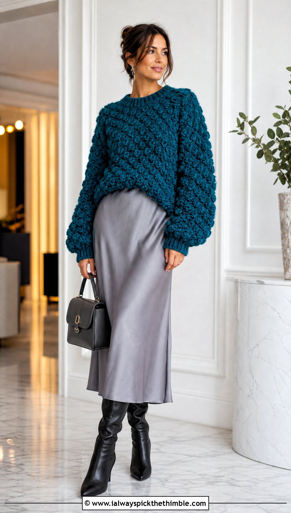 Bobble Stitch Crochet Bulky Sweater With Satin Midi Skirt - 20 Crochet Bulky Sweater outfit ideas