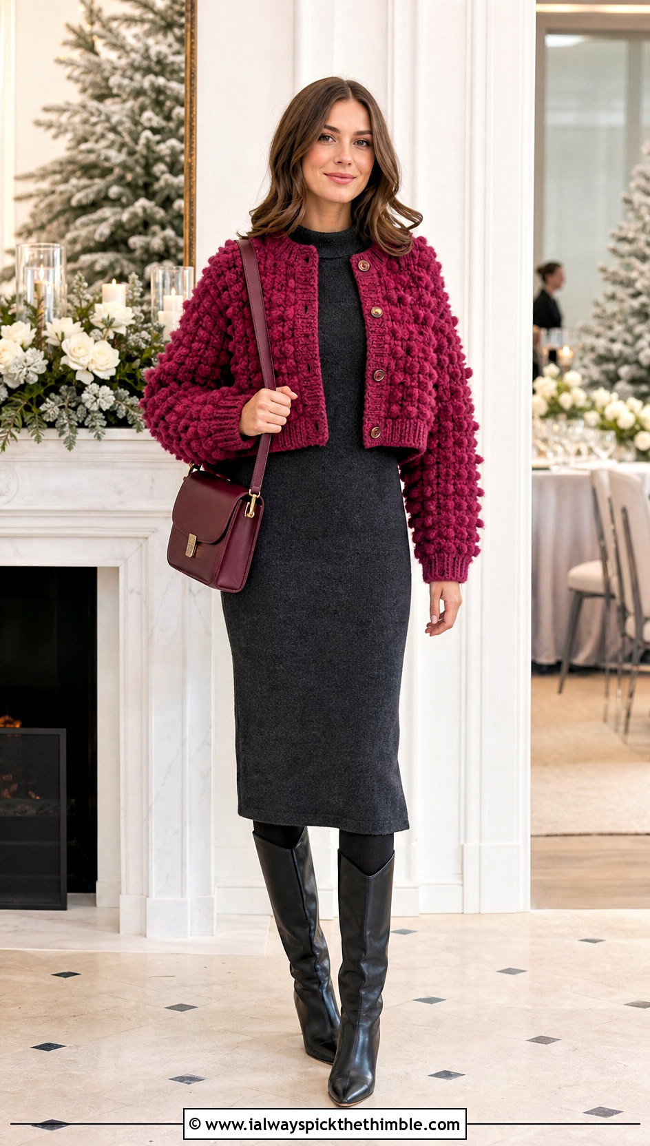 Bobble Stitch Crochet Cardigan With Sweater Dress - 20 crochet winter cardigan outfit ideas