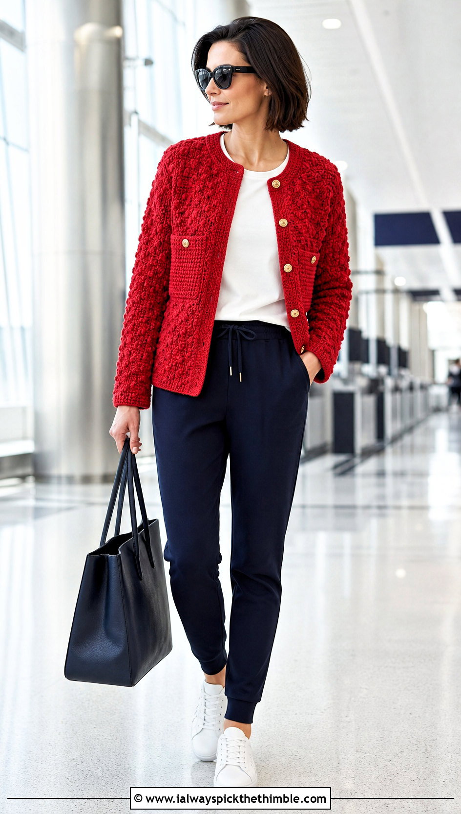 Bobble Stitch Crochet Chanel Jacket With Jogger Pants - 20 crochet chanel jacket outfit ideas