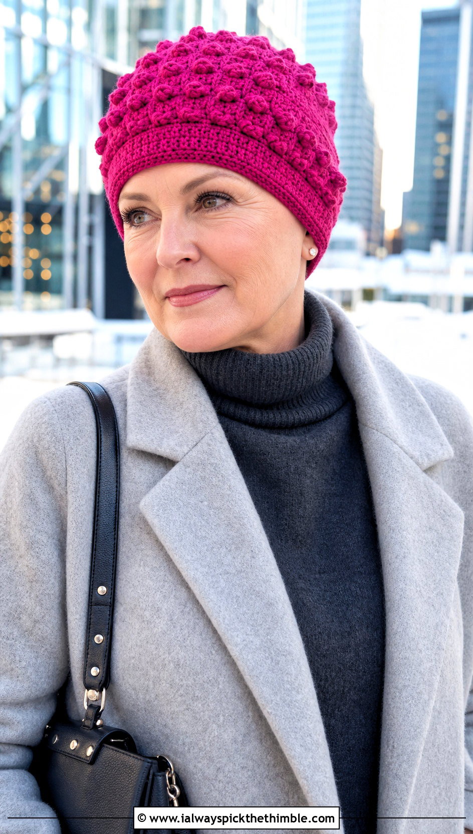 Bobble Stitch Crochet Chemo Cap With Minimalist Coat - 25 crochet chemo caps outfit ideas