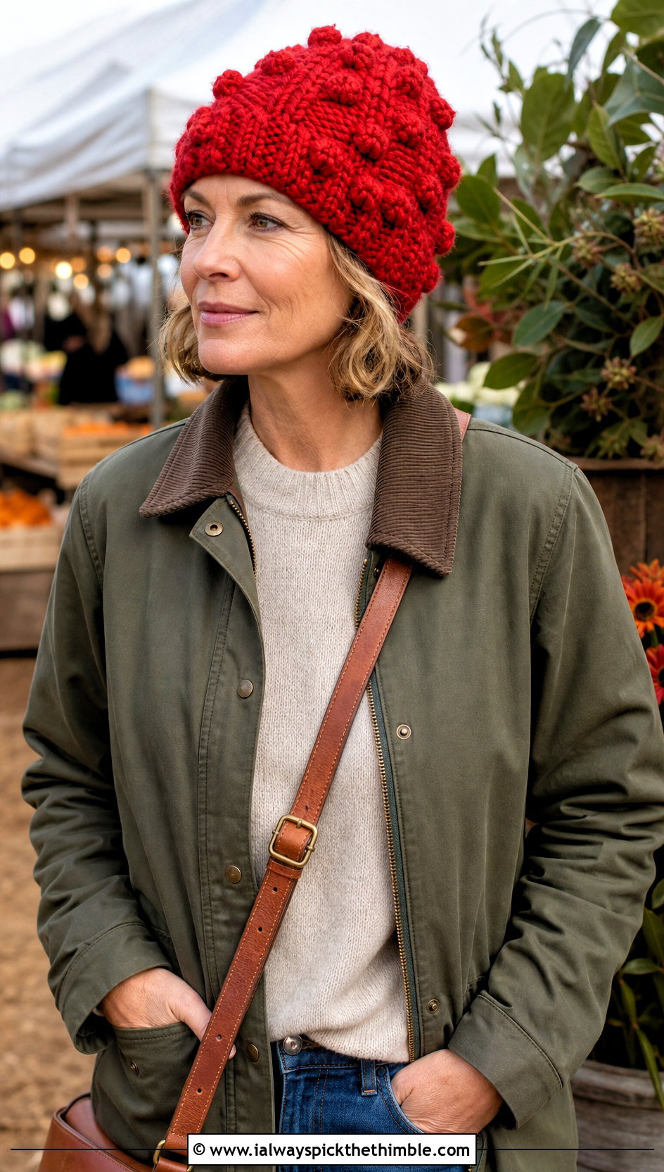 Bobble Stitch Crochet Chunky Beanie With Barn Jacket And Jeans - 25 crochet chunky beanie outfit ideas