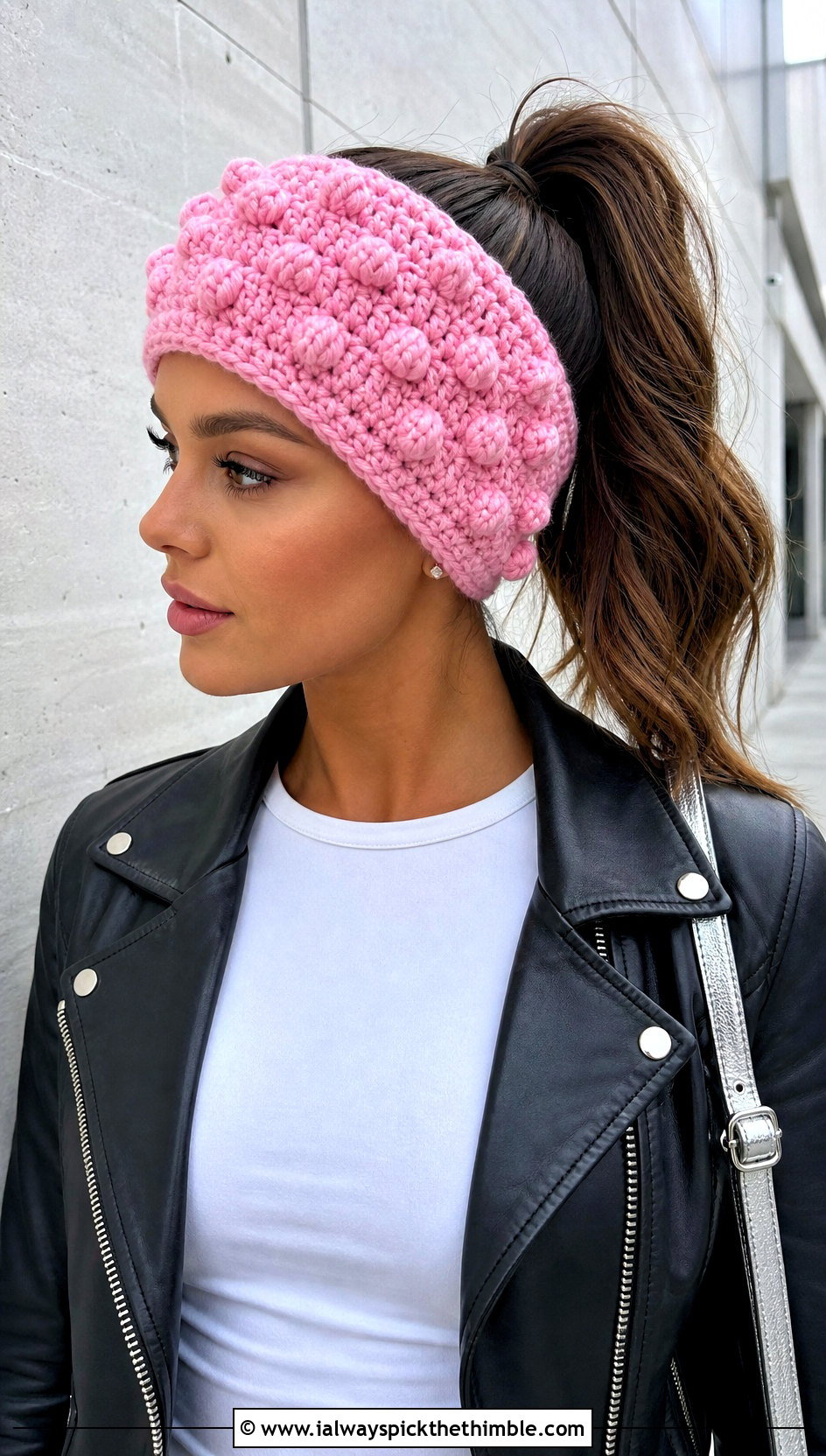 Bobble Stitch Crochet Chunky Ear Warmer With Leather Jacket - 20 Crochet Chunky Ear Warmer outfit ideas