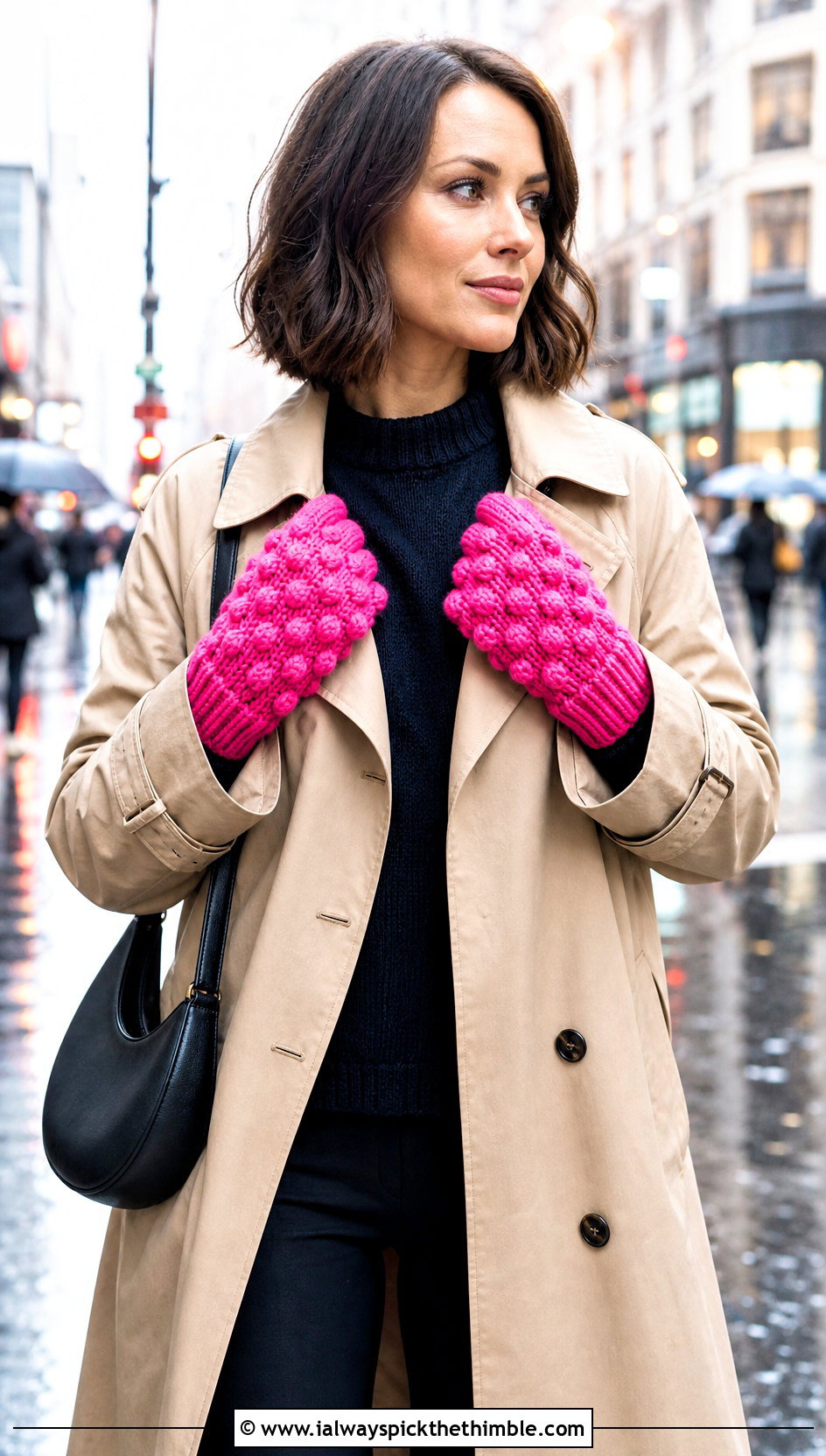 Bobble Stitch Crochet Chunky Mittens With Trench Coat And Leggings - 20 crochet chunky mittens outfit ideas