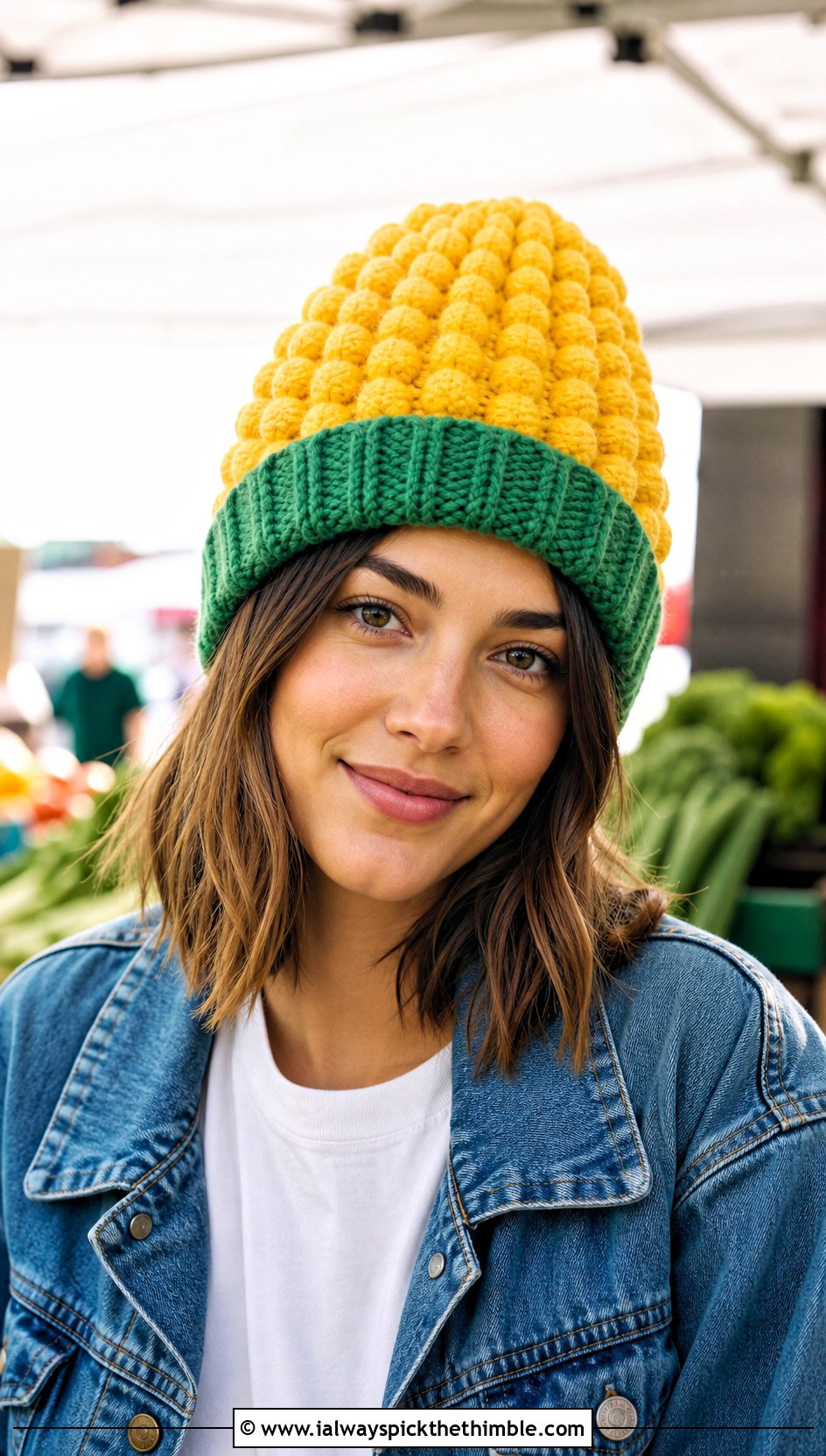 Bobble Stitch Crochet Corn Beanie With Denim Jacket - 15 Crochet Corn Hat outfit ideas