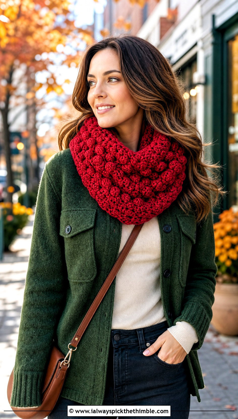 Bobble Stitch Crochet Cowl Scarf With Shacket - 25 crochet cowell scarf outfit ideas