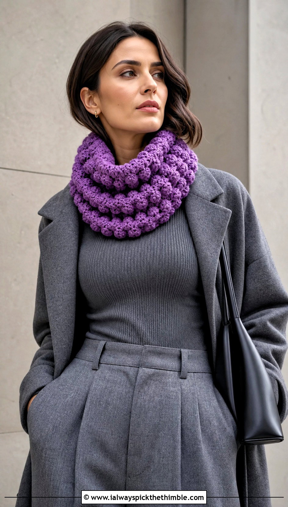 Bobble Stitch Crochet Cowl With Monochrome Outfit - 15 Crochet For Cowl Scarf outfit ideas