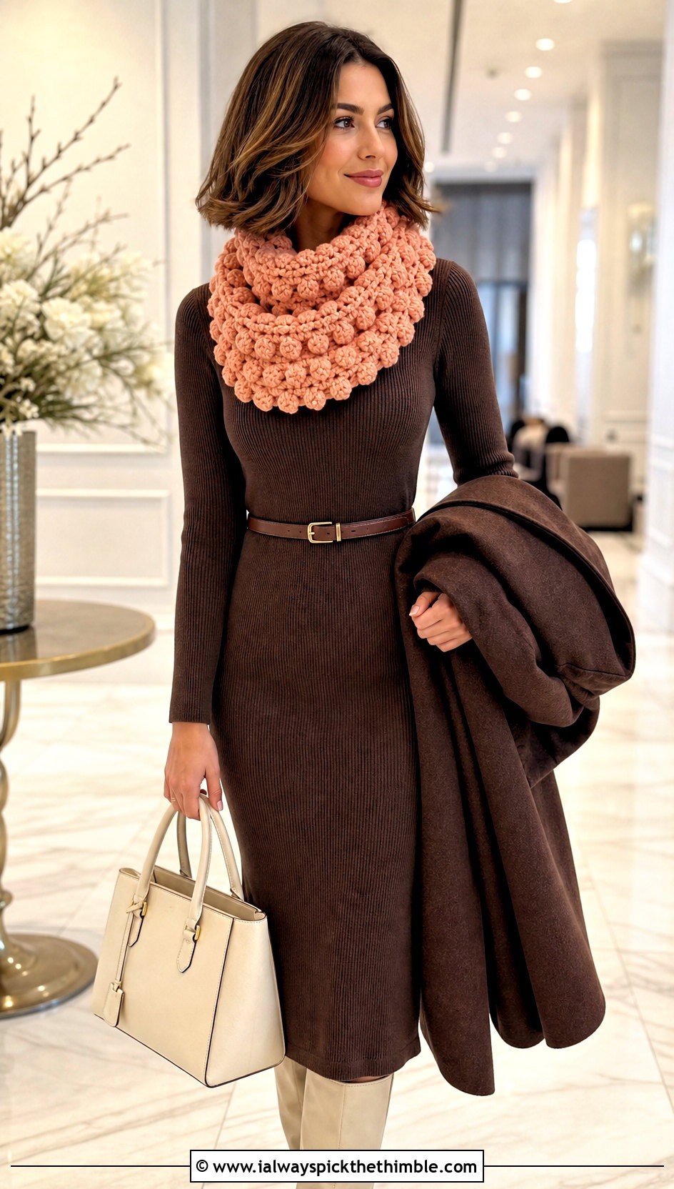 Bobble Stitch Crochet Cowl With Sweater Dress - 20 cowl crochet scarf outfit ideas