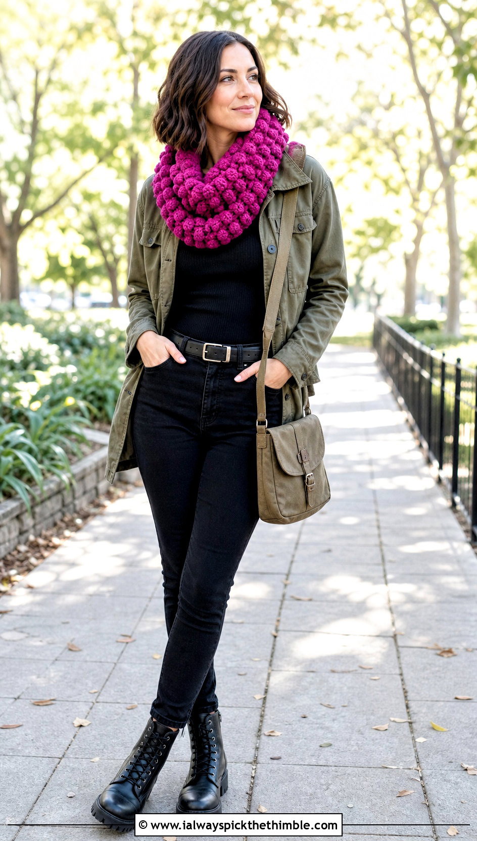 Bobble Stitch Crochet Cowl With Utility Jacket - 20 Wool Ease Thick And Quick Crochet Cowl outfit ideas