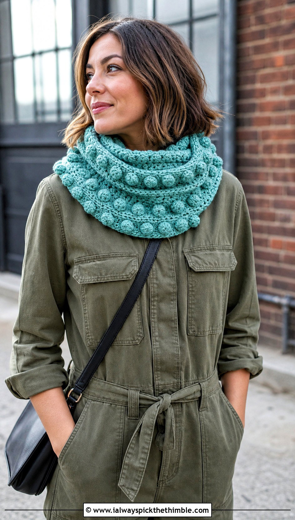 Bobble Stitch Crochet Cowl With Utility Jumpsuit - 25 crochet cowl outfit ideas