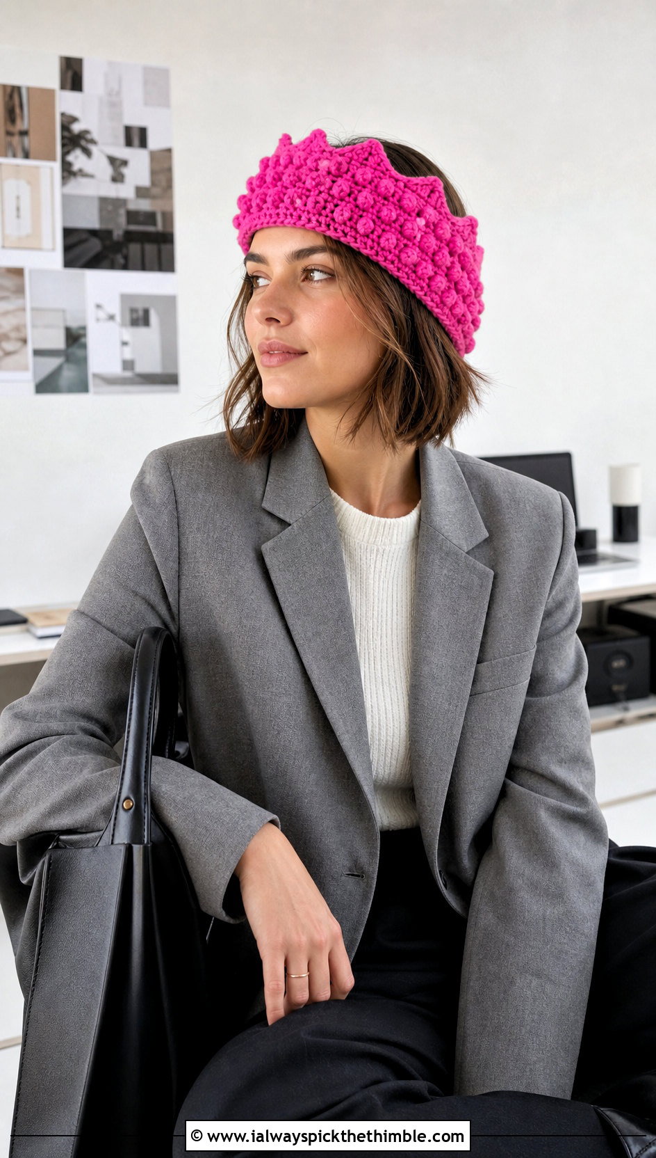 Bobble Stitch Crochet Crown Ear Warmer With Blazer And Wide Leg Pants - 20 crochet crown ear warmer outfit ideas