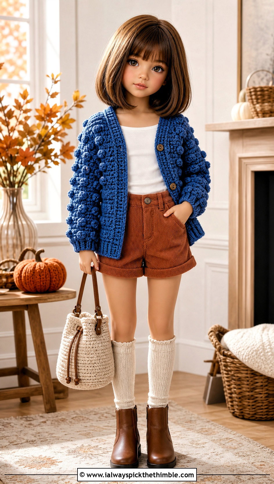 Bobble Stitch Crochet Doll Cardigan With Corduroy Shorts - 20 crochet doll cardigan outfit ideas