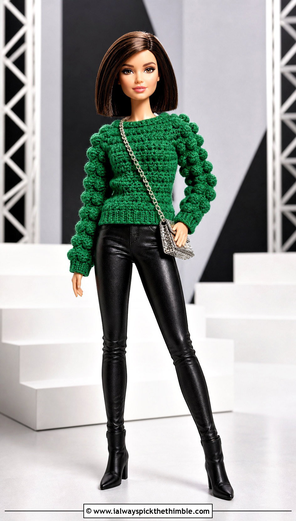 Bobble Stitch Crochet Doll Sweater With Leather Pants - 25 crochet doll sweater outfit ideas