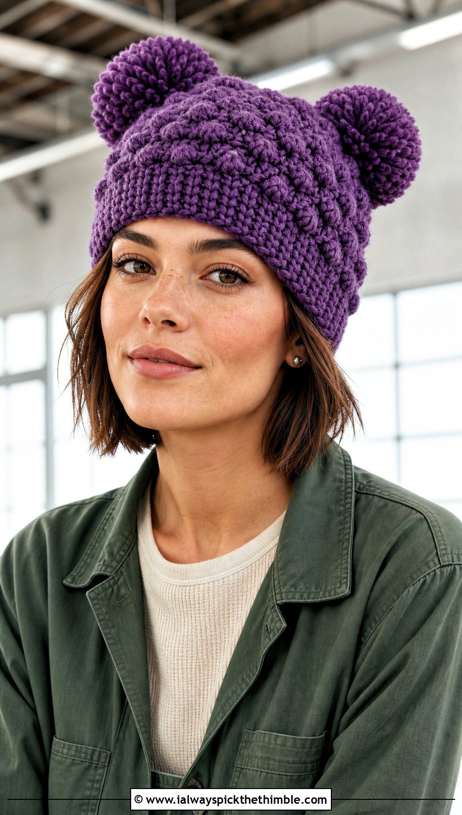 Bobble Stitch Crochet Double Pom Pom Beanie With Utility Jumpsuit - 20 Crochet Hat With Two Pom Poms outfit ideas
