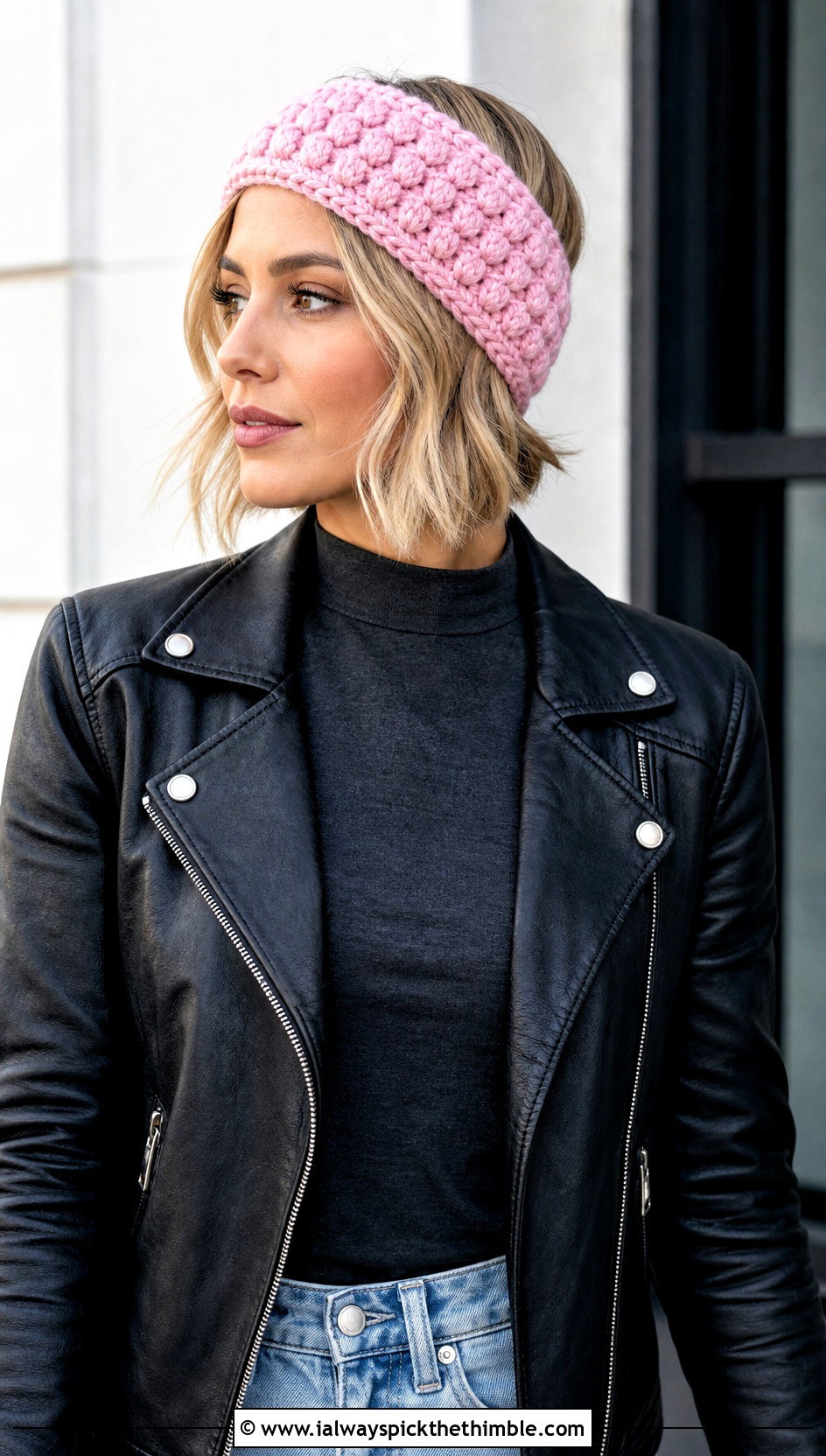 Bobble Stitch Crochet Ear Warmer With Leather Jacket - 20 Beginner Crochet Ear Warmer outfit ideas