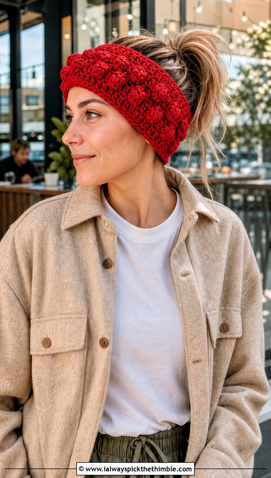 Bobble Stitch Crochet Ear Warmer With Shacket - 25 crochet ear warmers outfit ideas
