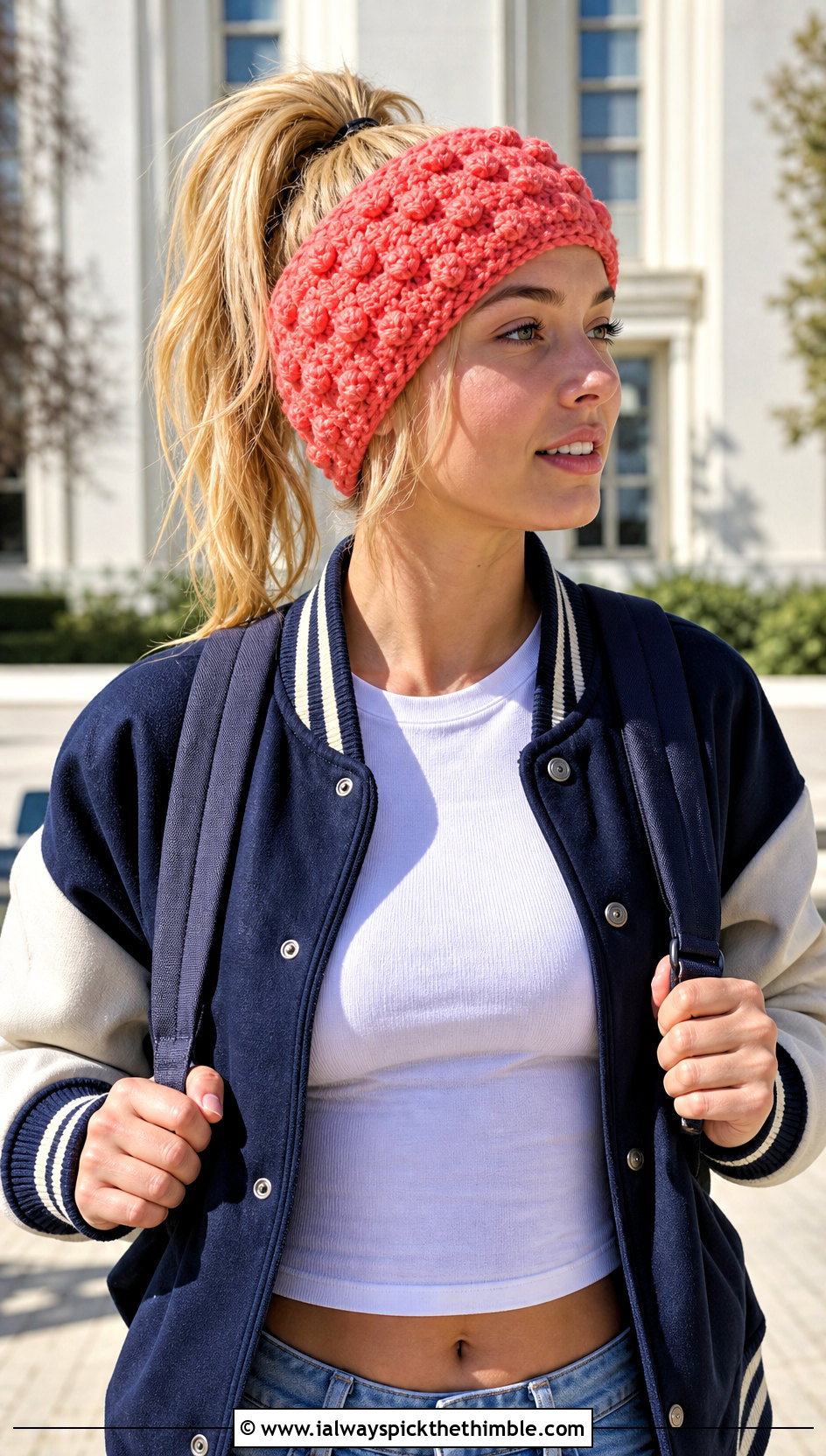 Bobble Stitch Crochet Ear Warmer With Varsity Jacket - 25 crochet ear warmer outfit ideas