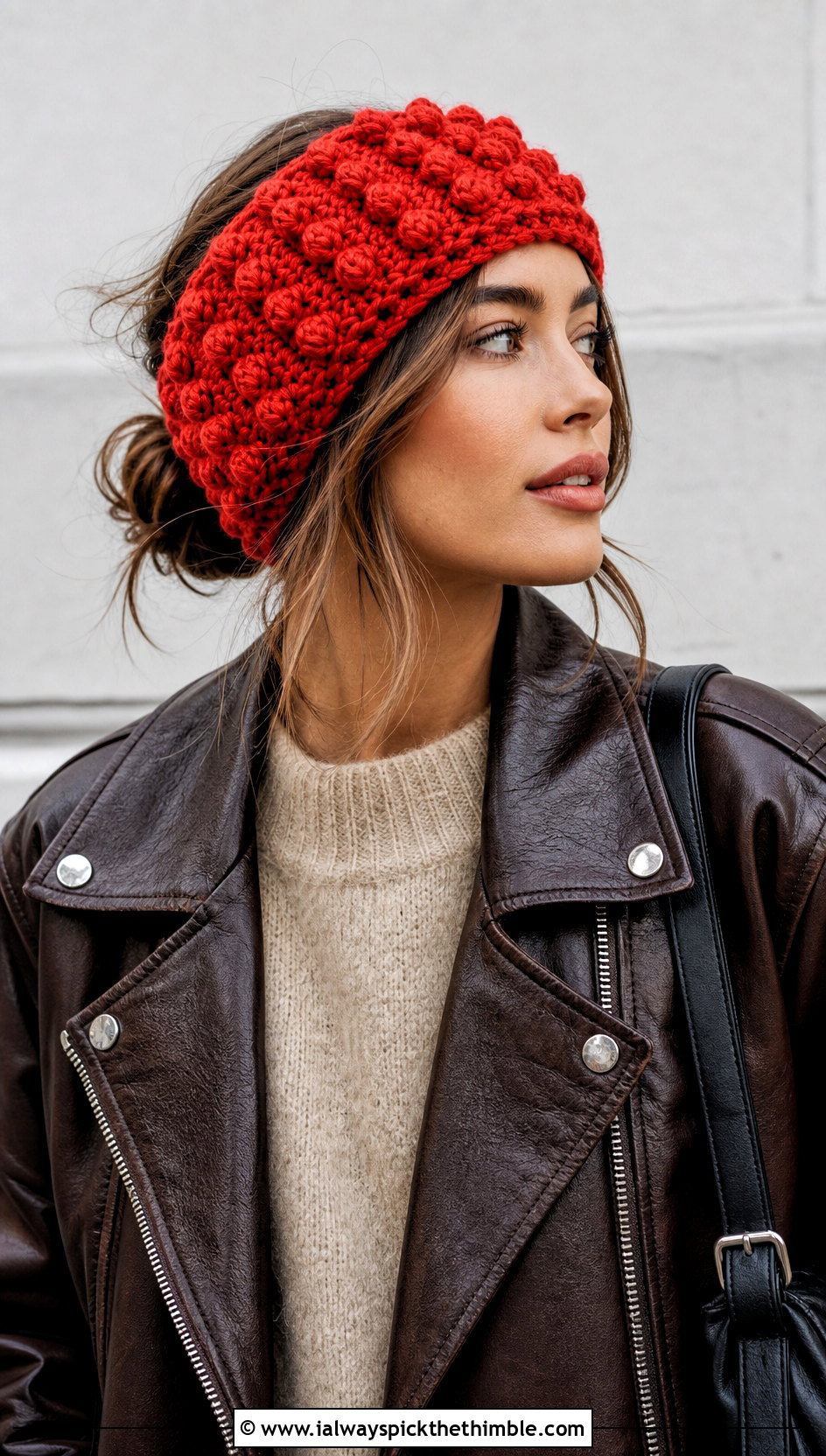 Bobble Stitch Crochet Ear Wrap With Leather Jacket - 20 crochet ear wrap outfit ideas