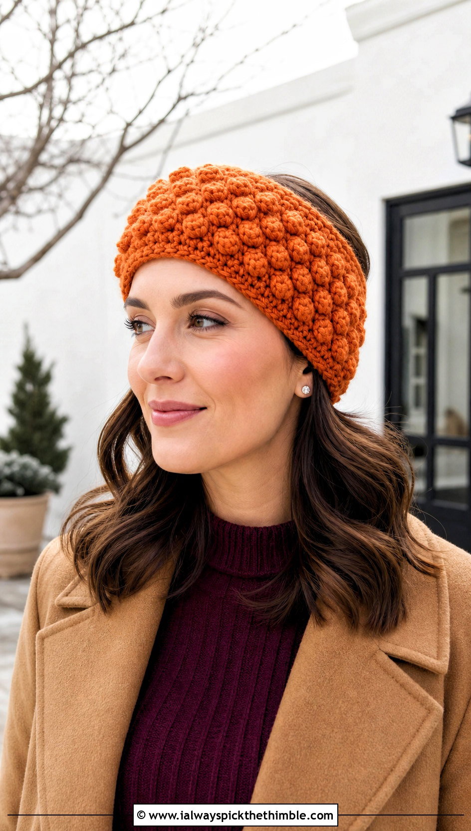 Bobble Stitch Crochet Earwarmer With Sweater Dress - 25 crochet earwarmer outfit ideas