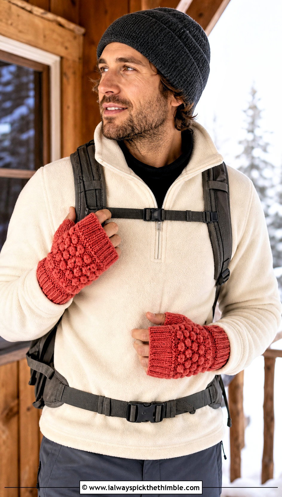 Bobble Stitch Crochet Fingerless Gloves With Fleece Jacket - 25 crochet gloves for men outfit ideas