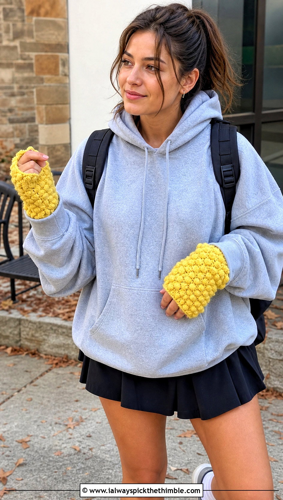 Bobble Stitch Crochet Fingerless Gloves With Hoodie - 25 easy crochet fingerless gloves outfit ideas