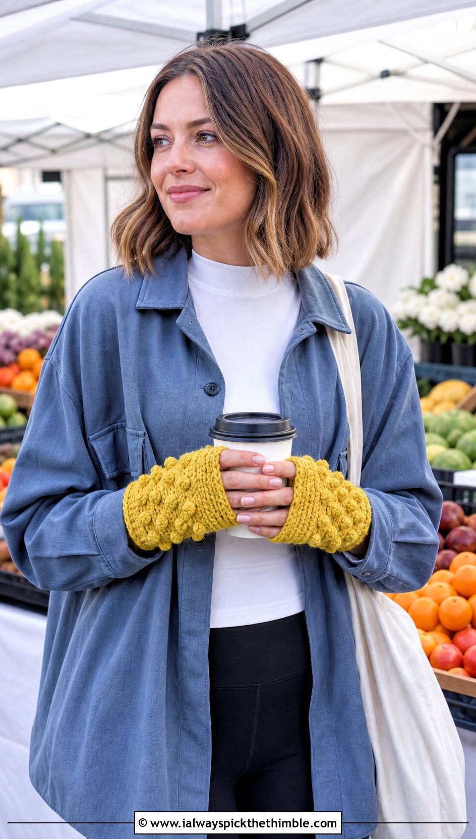 Bobble Stitch Crochet Fingerless Mittens With Shacket And Leggings - 20 crochet fingerless mittens outfit ideas