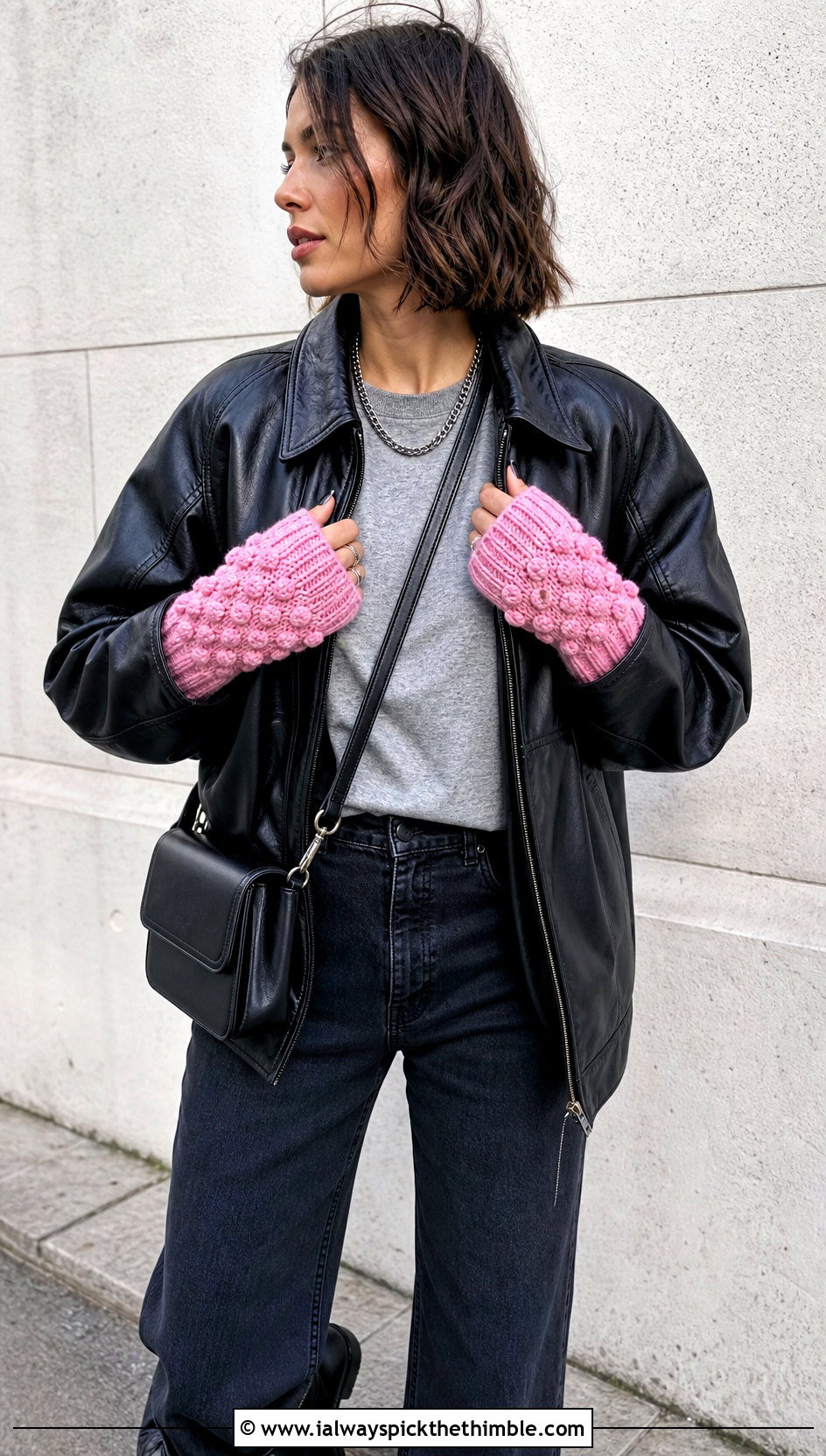 Bobble Stitch Crochet Fingerless Mitts With Leather Jacket - 20 Crochet Fingerless Mitts outfit ideas