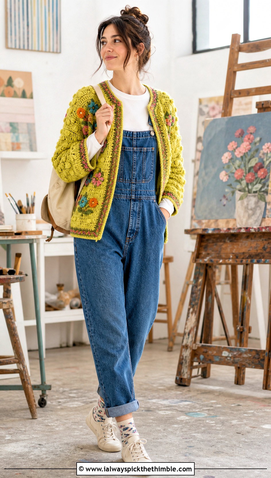 Bobble Stitch Crochet Folklore Cardigan With Denim Overalls - 25 crochet folklore cardigan outfit ideas