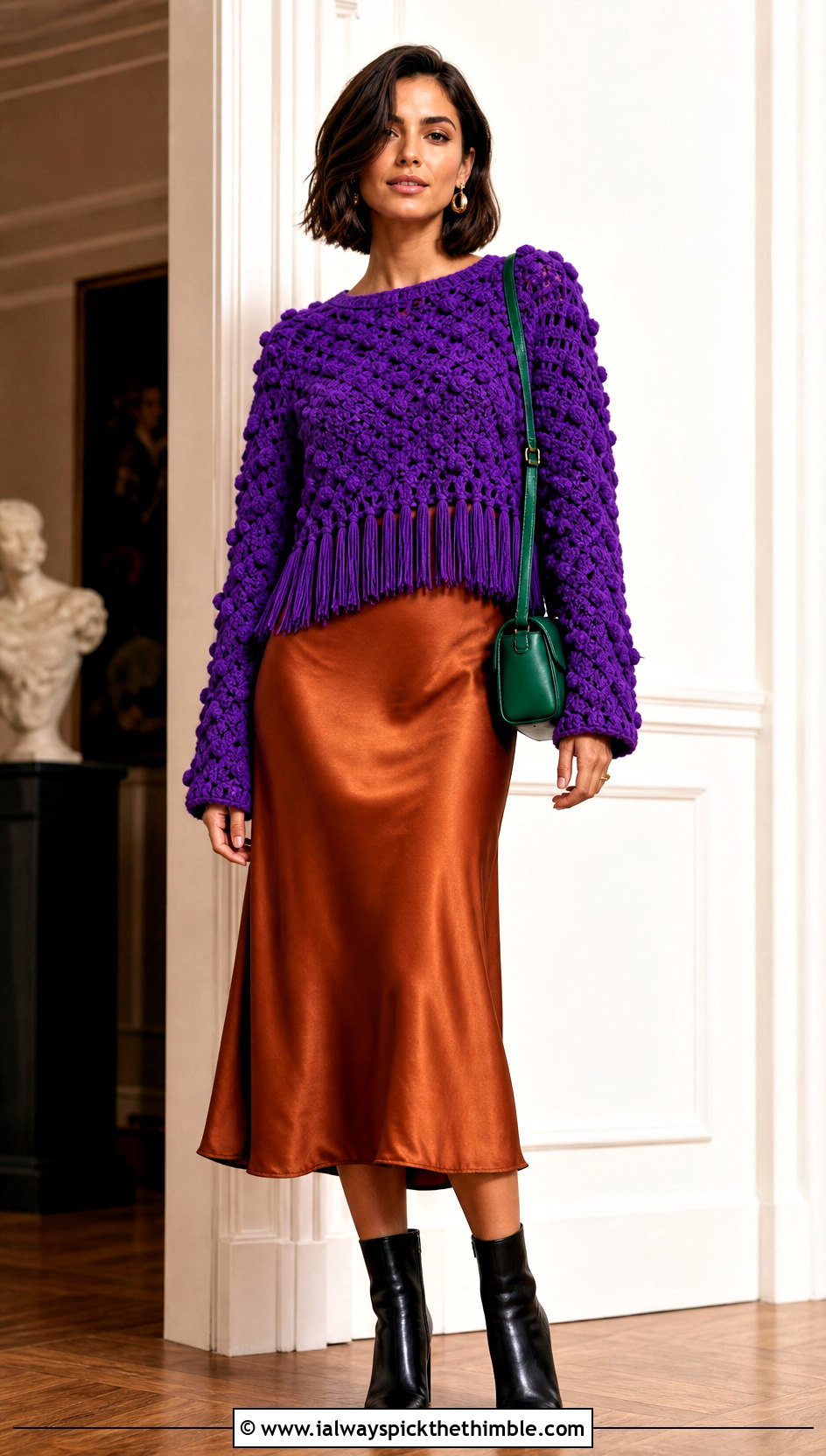 Bobble Stitch Crochet Fringe Sweater With Slip Dress - 20 Crochet Fringe Sweater outfit ideas