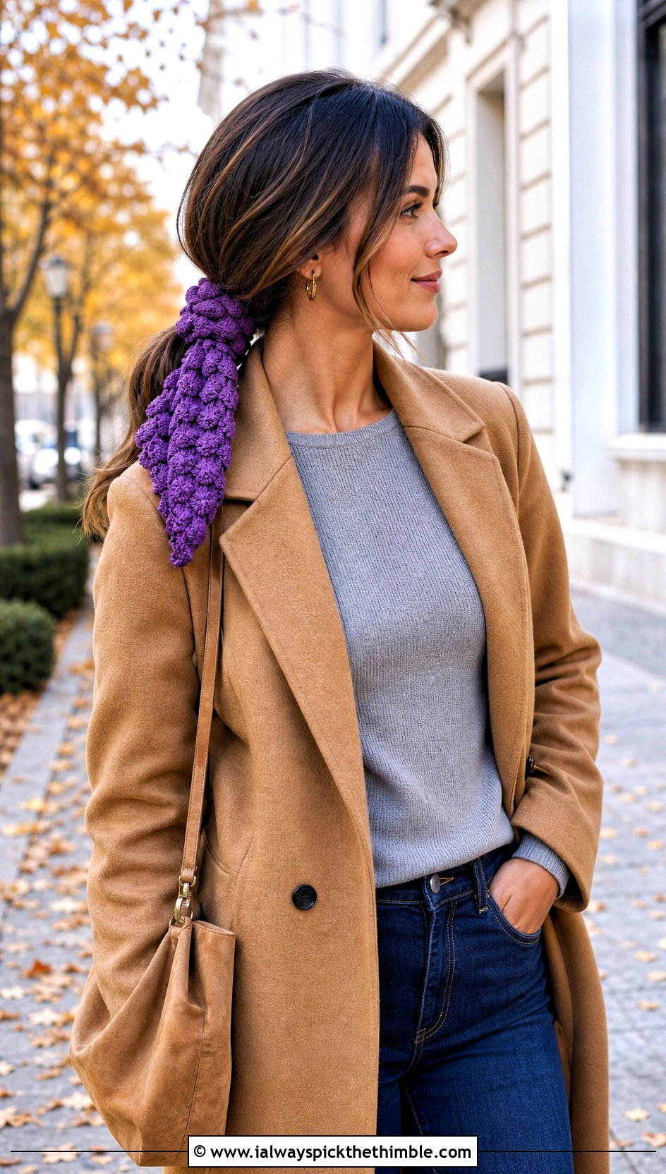 Bobble Stitch Crochet Hair Scarf With Sweater And Jeans - 25 crochet hair scarf outfit ideas