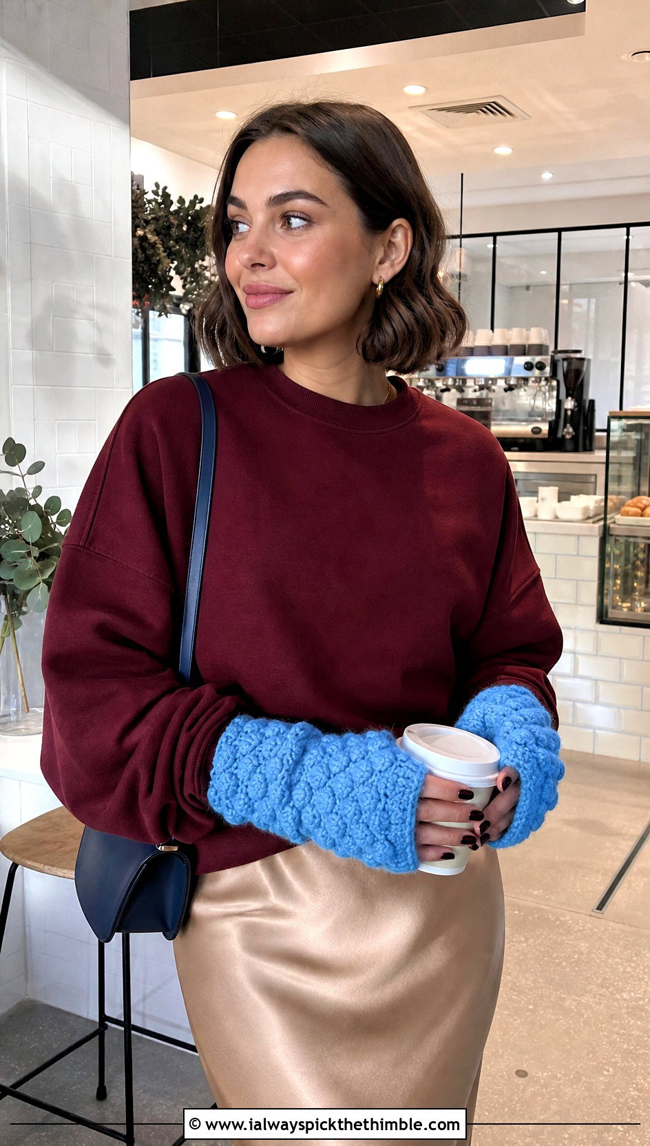 Bobble Stitch Crochet Hand Warmers With Sweatshirt And Skirt - 25 crochet hand warmers outfit ideas