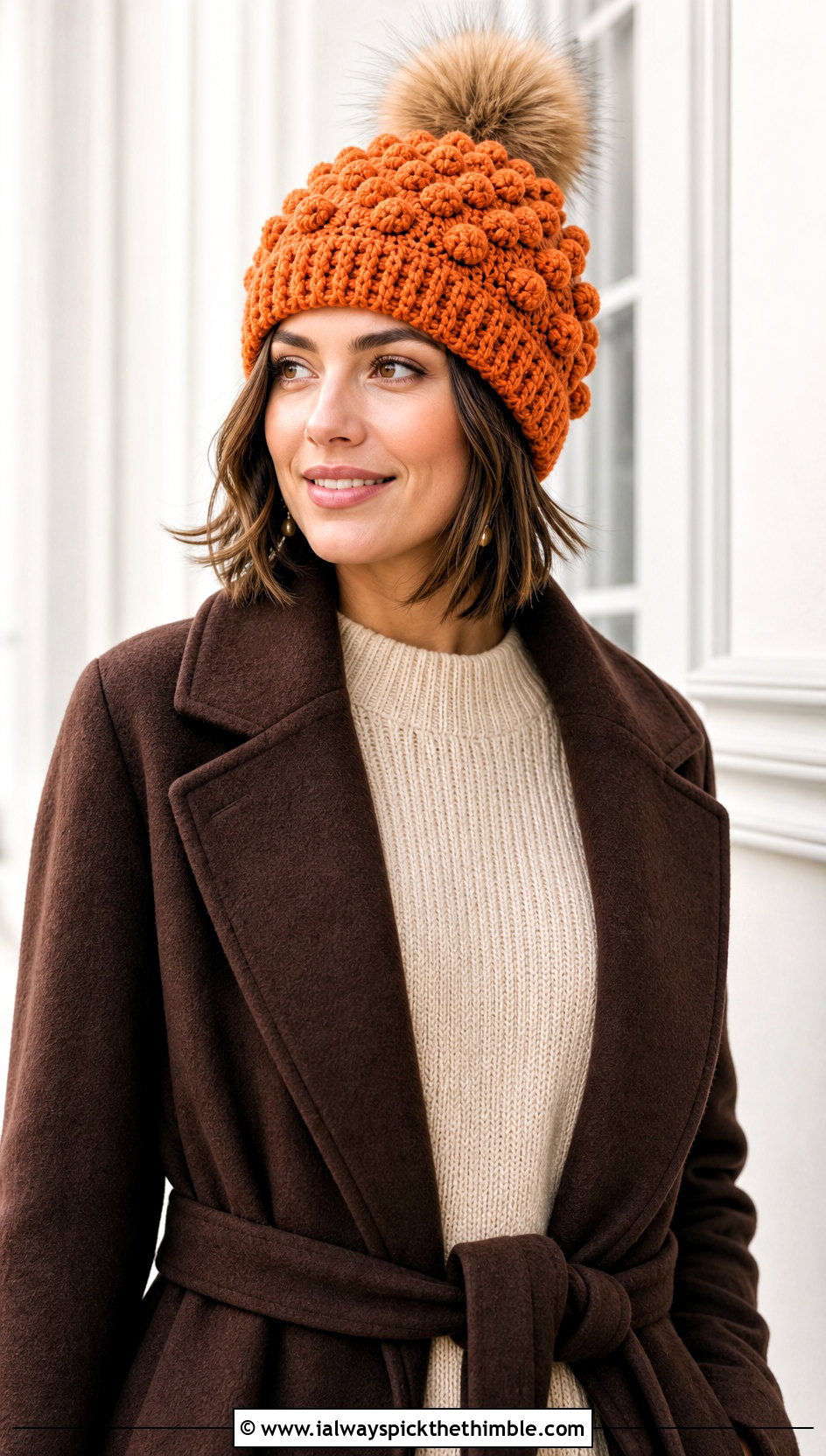 Bobble Stitch Crochet Hat With Fur Pom Pom And Sweater Dress - 15 Crochet Hat With Fur Pom Pom outfit ideas