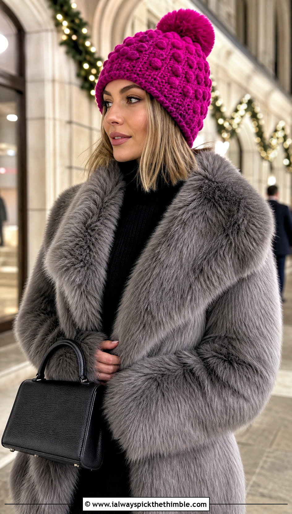 Bobble Stitch Crochet Hat With Pom Pom And Faux Fur Coat - 20 crochet hat with pom pom outfit ideas