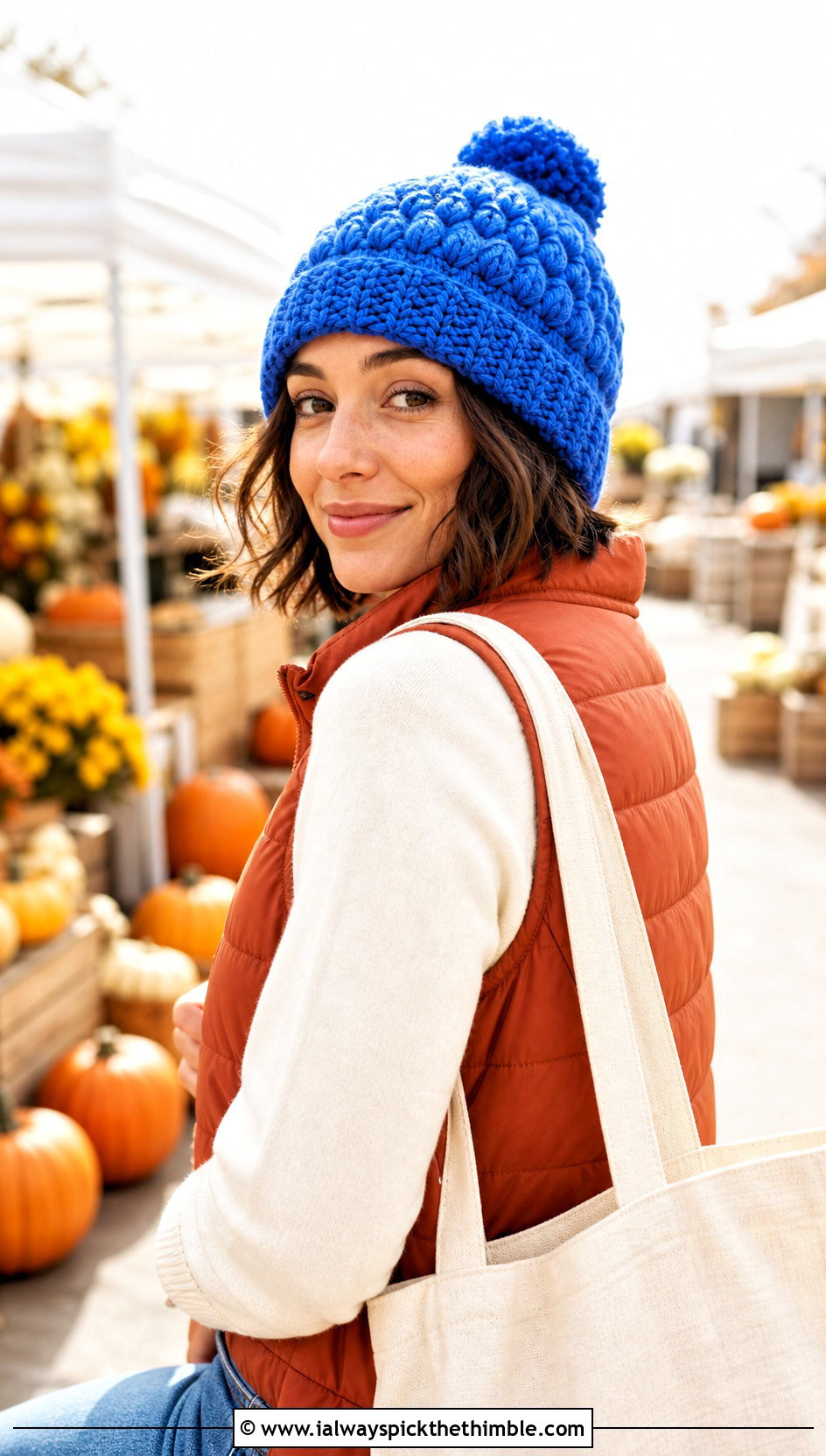 Bobble Stitch Crochet Hat With Quilted Vest - 20 crochet hat for beginners outfit ideas