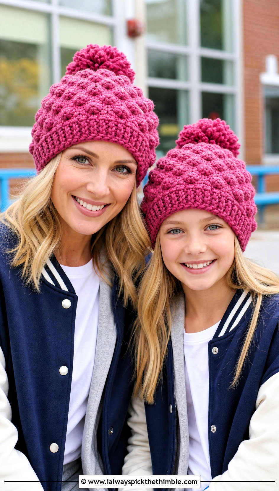 Bobble Stitch Crochet Hat With Varsity Jackets - 20 Mommy And Me Crochet Hats outfit ideas