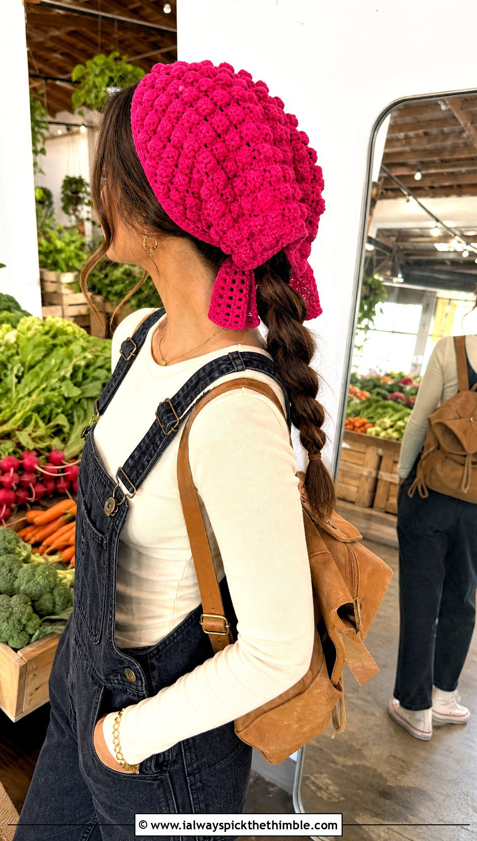 Bobble Stitch Crochet Head Scarf With Denim Overalls - 25 crochet head scarf outfit ideas