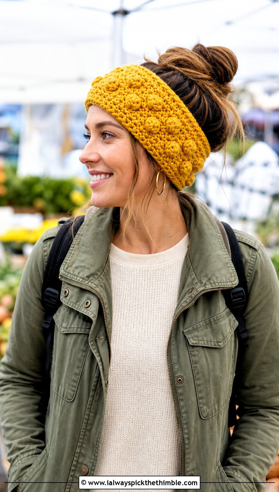 Bobble Stitch Crochet Headband Ear Warmer With Utility Jacket - 20 Crochet Headband Ear Warmers outfit ideas