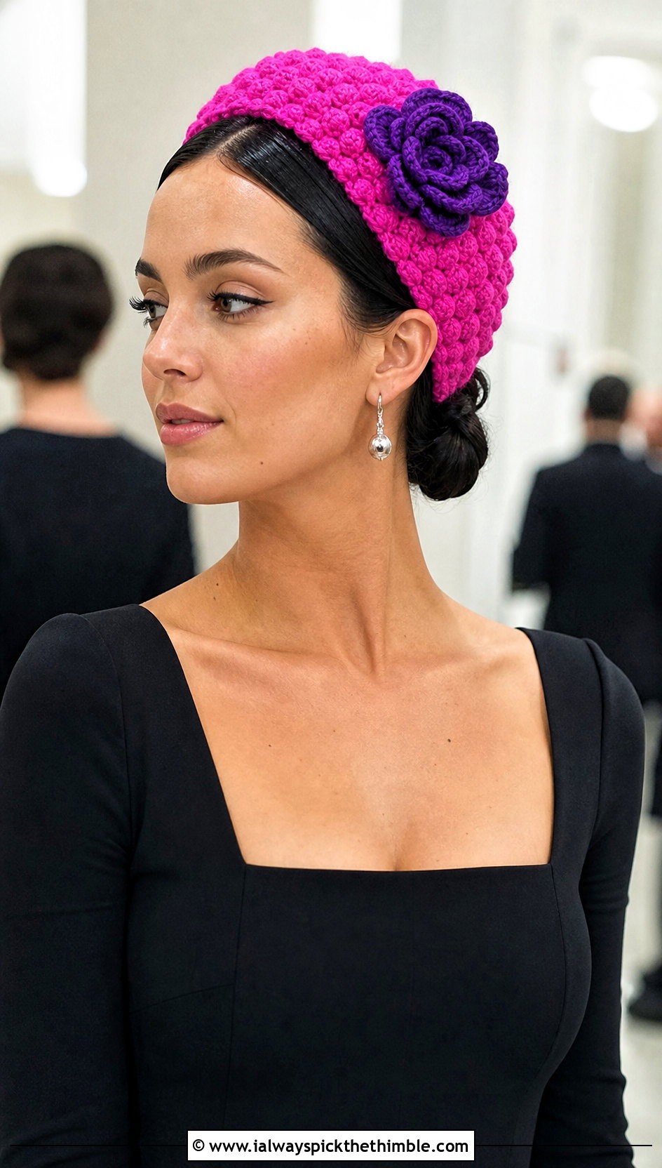 Bobble Stitch Crochet Headband With Evening Jumpsuit - 15 crochet headband with purple flower outfit ideas
