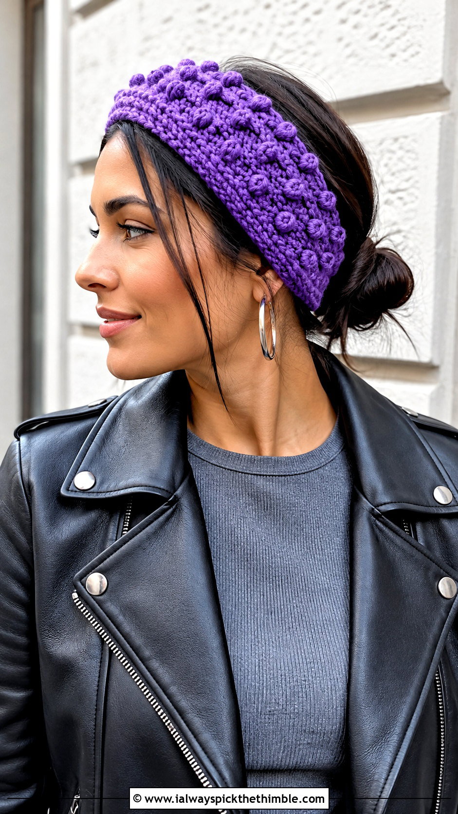 Bobble Stitch Crochet Headband With Leather Jacket - 25 crochet winter headband outfit ideas
