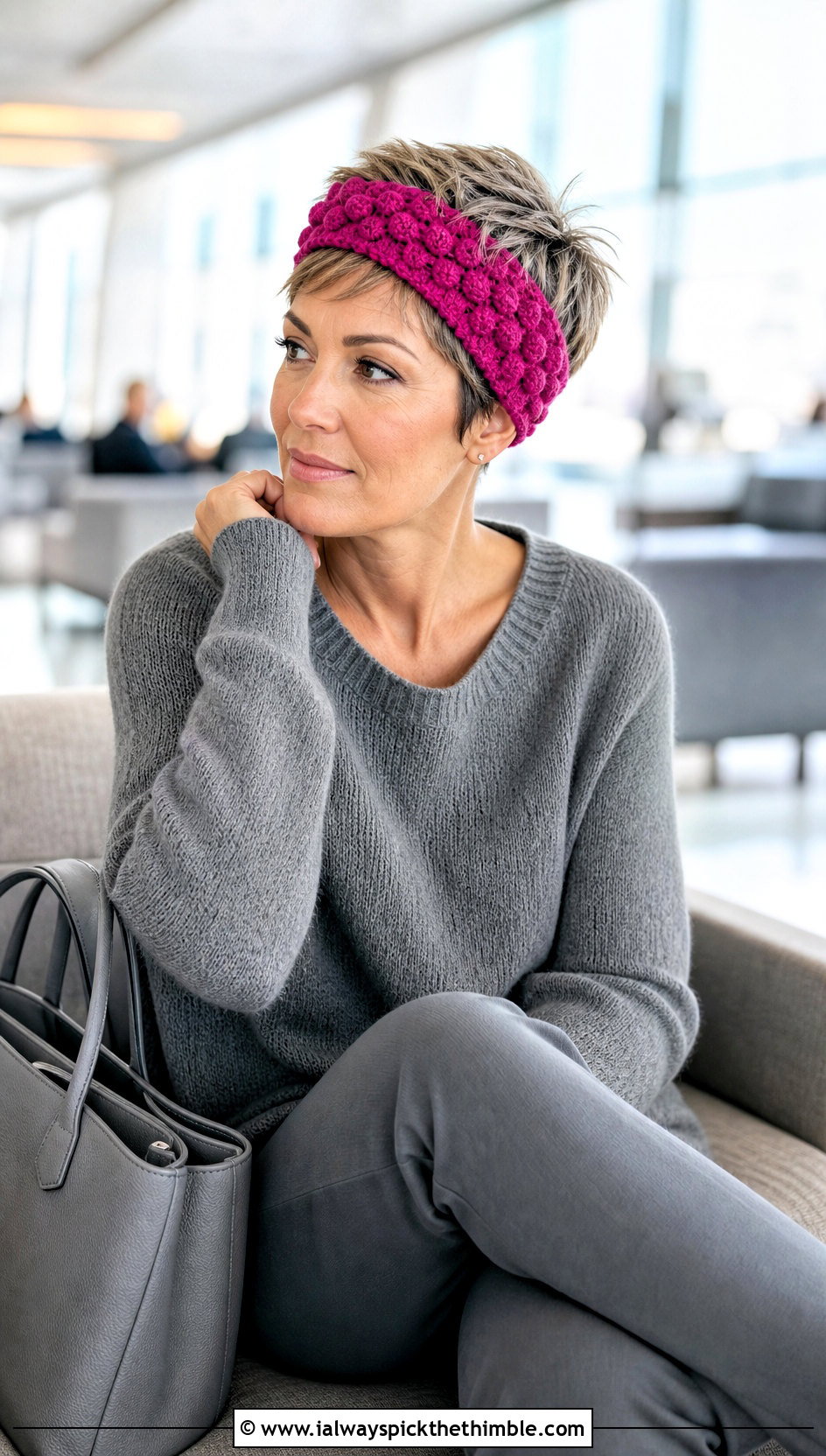 Bobble Stitch Crochet Headband With Monochrome Knitwear - 20 crochet headband for short hair outfit ideas