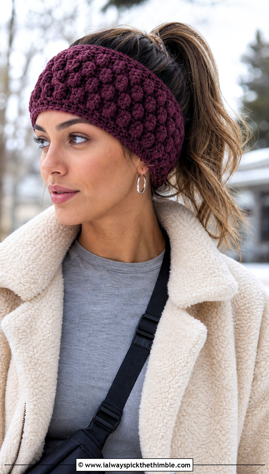 Bobble Stitch Crochet Headband With Sherpa Jacket - 20 Easy Crochet Winter Headband outfit ideas