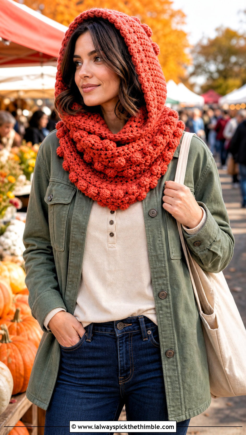 Bobble Stitch Crochet Hooded Cowl With Shacket - 25 crochet hooded cowl outfit ideas