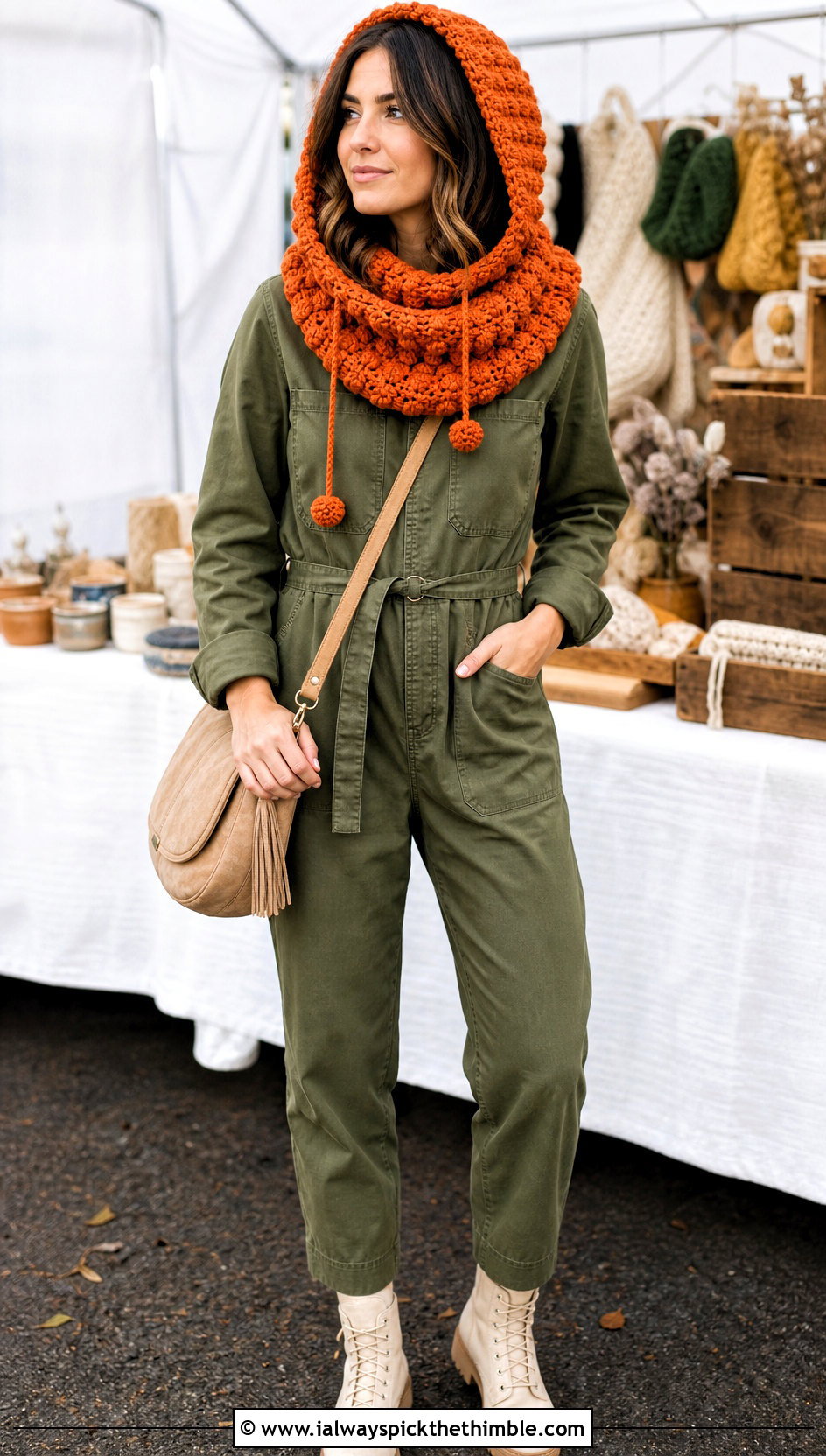 Bobble Stitch Crochet Hooded Cowl With Utility Jumpsuit - 20 easy crochet hooded cowl outfit ideas