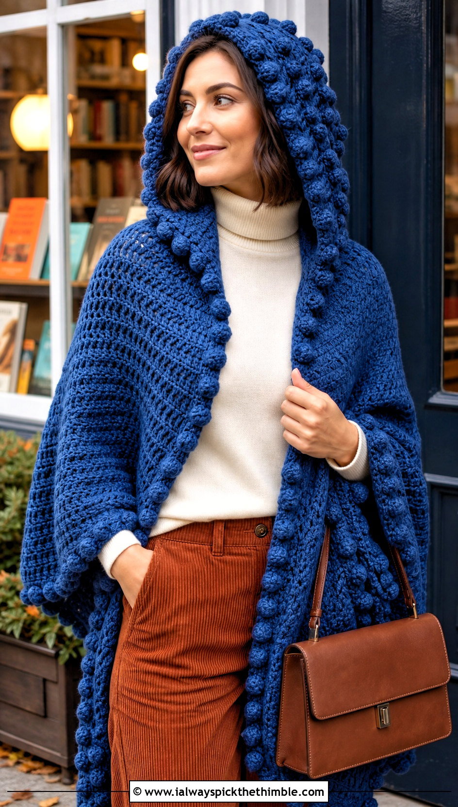 Bobble Stitch Crochet Hooded Shawl With Corduroy Pants - 25 crochet hooded shawl outfit ideas