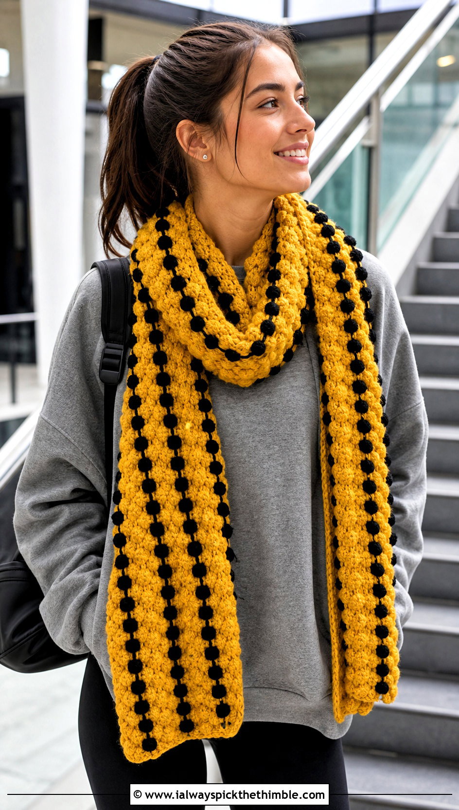 Bobble Stitch Crochet Hufflepuff Scarf With Sweatshirt - 20 crochet hufflepuff scarf outfit ideas