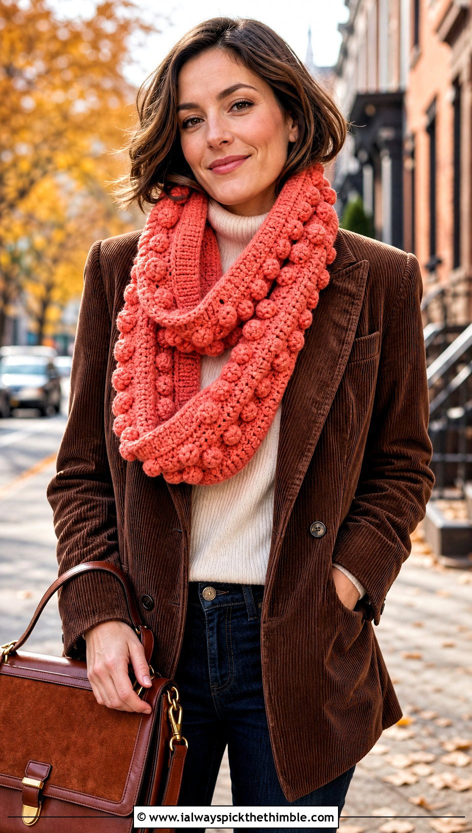 Bobble Stitch Crochet Infinity Scarf With Corduroy Blazer - 25 crochet infinity scarf outfit ideas